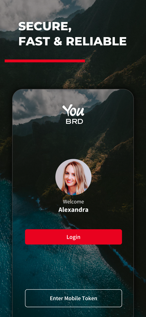 YOU BRD - Login screen of the YOU BRD mobile banking app featuring a user profile and welcome message