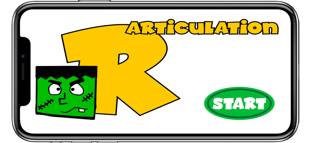 R Articulation - Écran de démarrage de l'application R Articulation avec un monstre de dessin animé et une grande lettre R