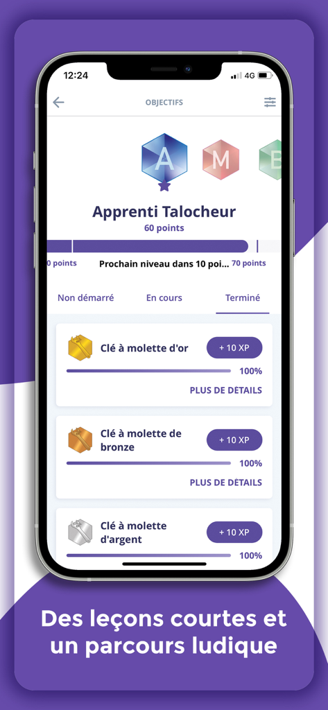 La Taloche - Écran de l'application La Taloche montrant la progression gamifiée avec des badges de clé à molette et un statut d'apprenti.