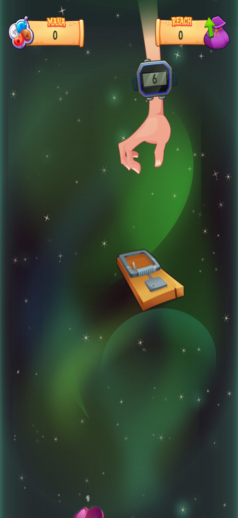 Wizards Bag - Gameplay screenshot of a hand reaching into a mystical green bag while avoiding a wooden mousetrap