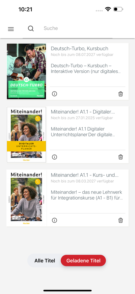 Hueber interaktiv - Interfaz de la biblioteca de la aplicación Hueber interaktiv que muestra libros de texto de alemán descargados como Deutsch-Turbo y Miteinander.