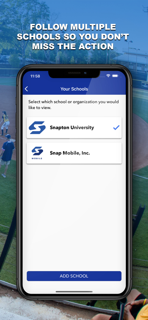 Snap! Mobile - Interfaccia dell'app Snap Mobile per selezionare e aggiungere più scuole o organizzazioni da seguire.