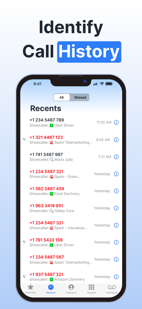 Show Caller ID & Spam Blocker - Una interfaz móvil que muestra un historial de llamadas recientes con nombres identificados y advertencias de spam para números desconocidos.