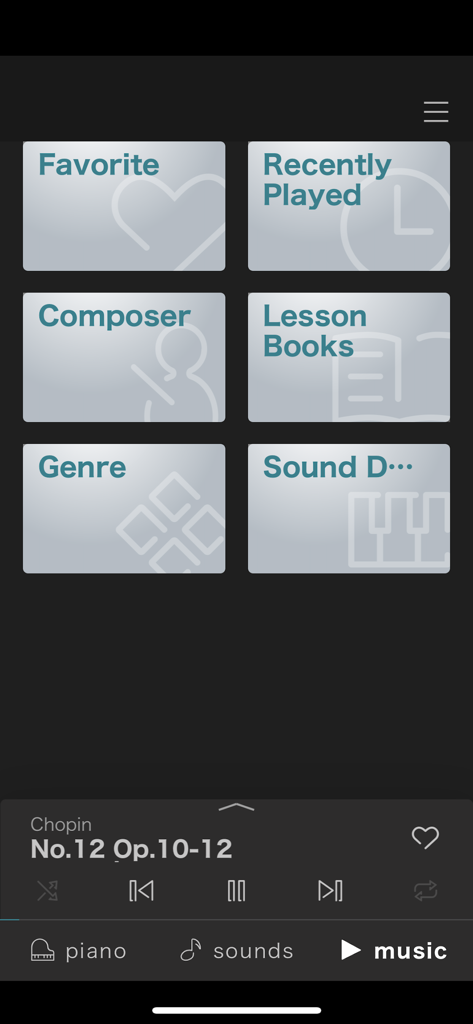 PianoRemote app music library interface showing categories like composer and lesson books with a playback controller