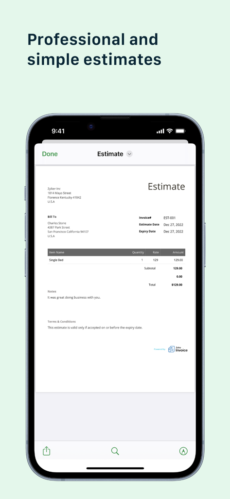 A mobile phone screen displaying a professional business estimate generated on the go using the Zoho app.