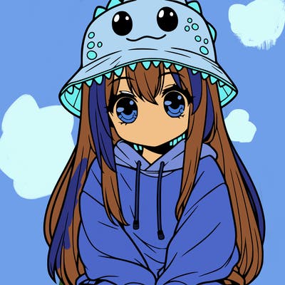 girl with anime shaped eyes with a dinosaur bucket hat oversized sweatshirt long straight hair