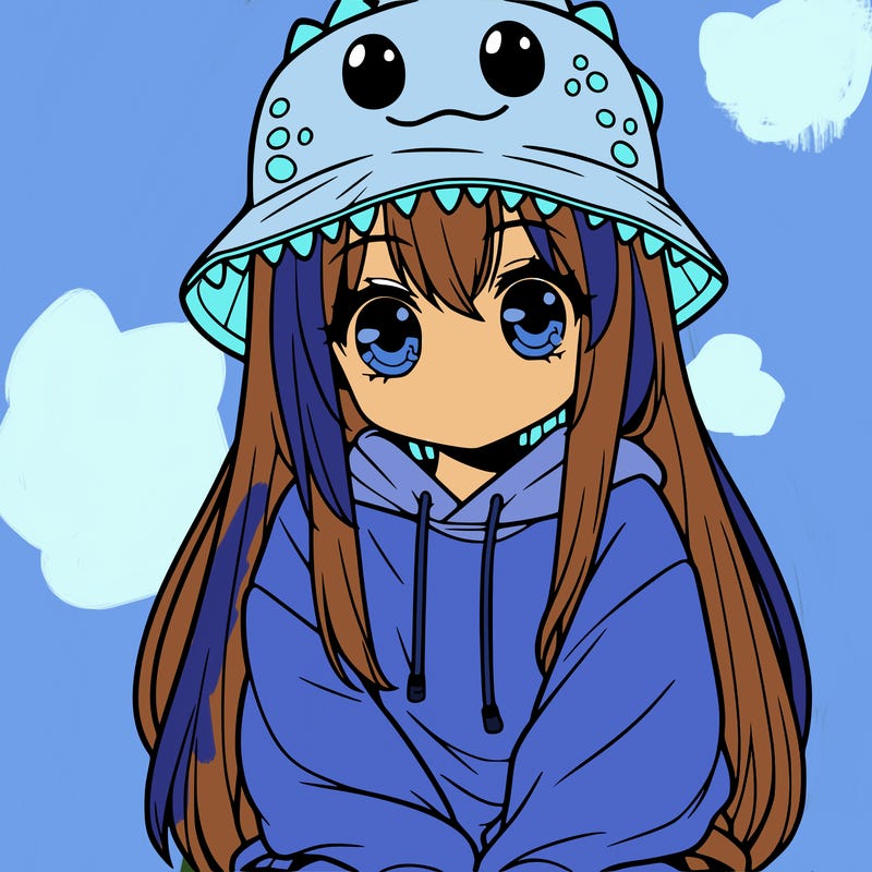 girl with anime shaped eyes with a dinosaur bucket hat oversized sweatshirt long straight hair