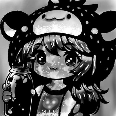 strawberry girl with plush strawberry cow hat drinking strawberry soda realistic