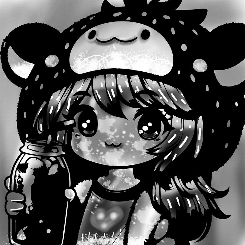 strawberry girl with plush strawberry cow hat drinking strawberry soda realistic