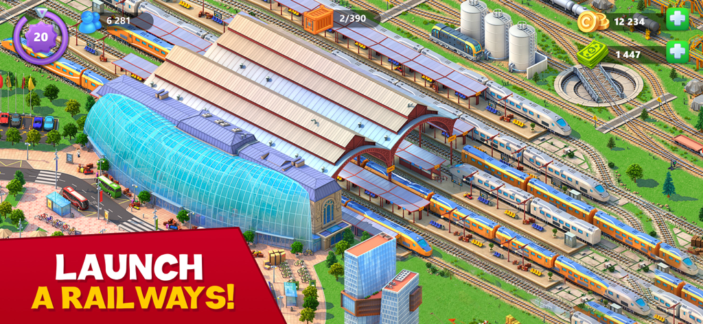 Global City: Building games - A modern high-tech train station with multiple tracks and high-speed trains in Global City
