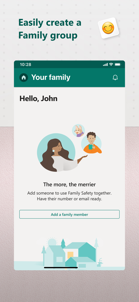 Microsoft Family Safety - Microsoft Family Safetyアプリの、グループに家族を追加する画面。