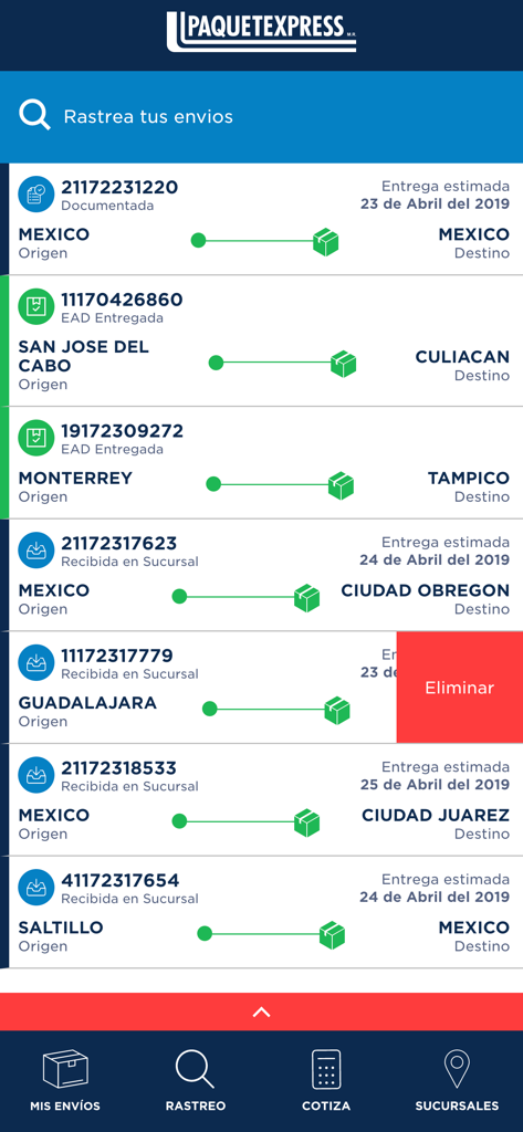 Paquetexpress mobile app showing a list of tracked shipments with origin, destination, and delivery status.