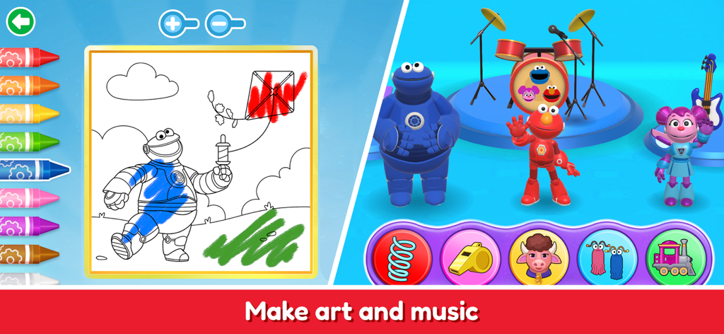 Página de colorir dos Mecha Builders da Vila Sésamo e minijogos de banda musical