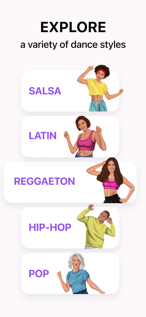 A menu in the Organic Dance app showcasing various dance styles like Salsa Latin Reggaeton and Hip-Hop