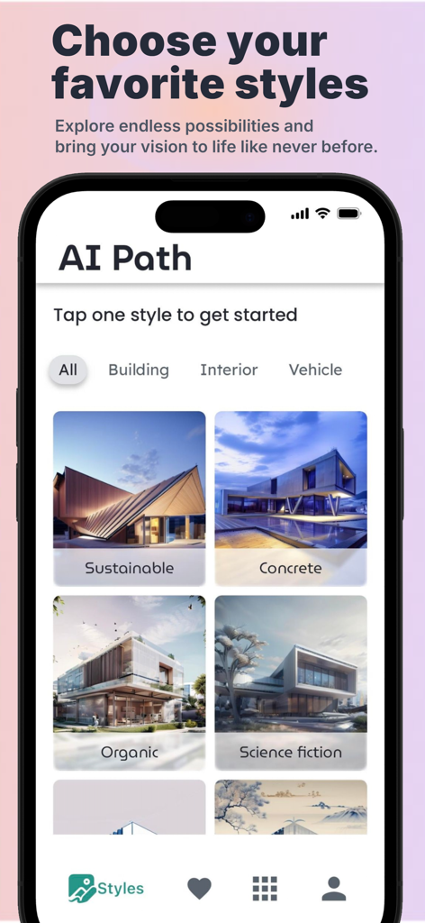 Oberfläche der AI Path App, die verschiedene architektonische Stile für die KI-Bilderzeugung zeigt.