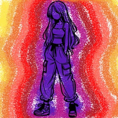 girl in baggy pants crop top and long hair