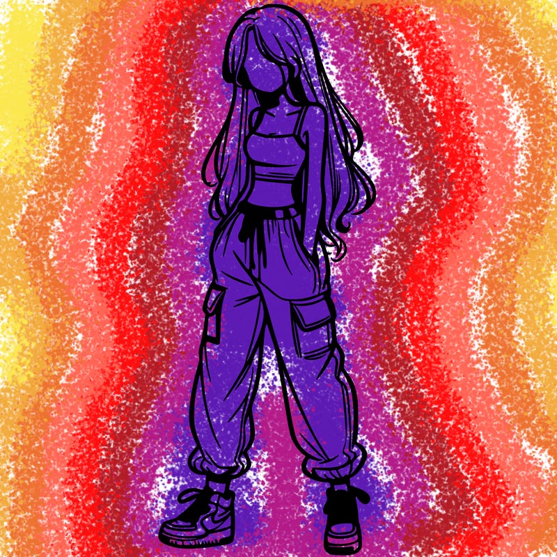 girl in baggy pants crop top and long hair