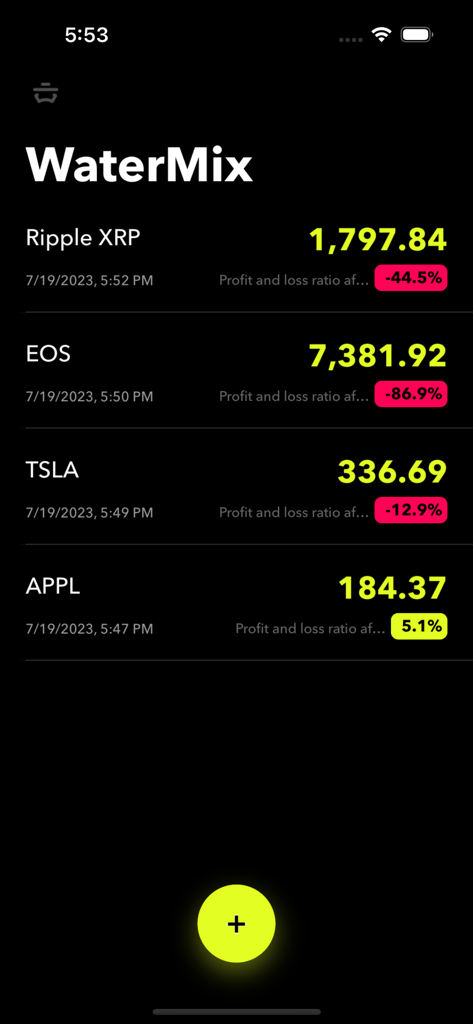 WaterMix Pro - scale trading - WaterMix Pro app interface displaying a list of tracked assets including stocks and crypto with profit and loss percentages