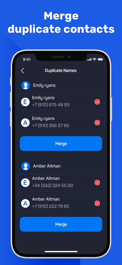Fast Cleaner: Clean Storage - Interface of Fast Cleaner app showing how to identify and merge duplicate phone contacts.