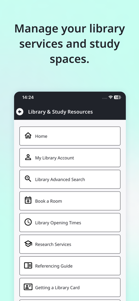 University of Bath - A screenshot of the MyBath mobile app showing the Library and Study Resources menu with options to book a room and view library accounts