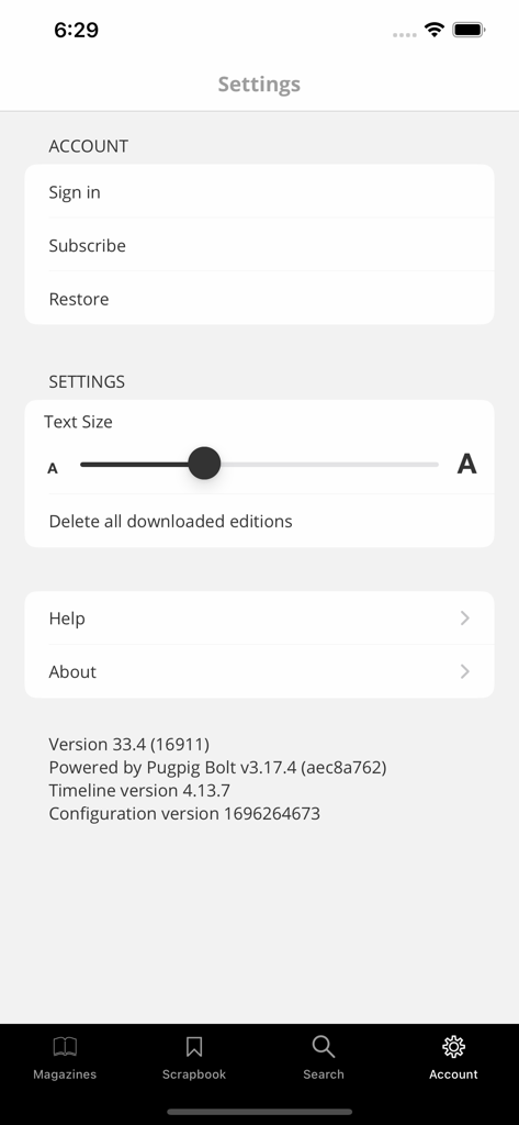 Écran des paramètres et du menu du compte de l'application mobile The World of Interiors.