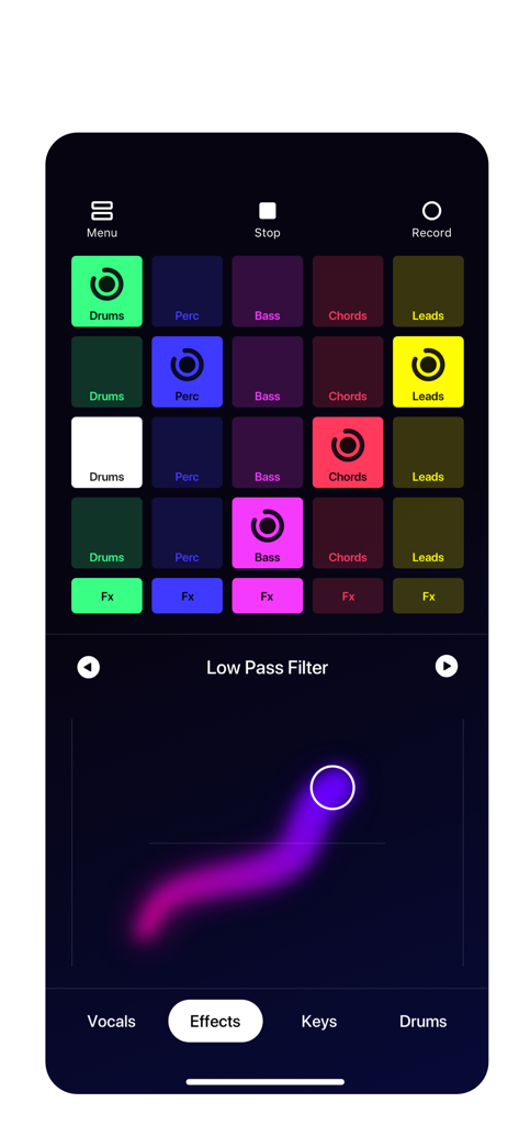 Loop Pads: DJ music beat maker - Interfaz de la aplicación creadora de ritmos DJ de Loop Pads con coloridos pads de ritmos y un efecto musical de filtro paso bajo