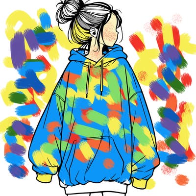 realistic girl with a oversized sweatshirt on and a bun