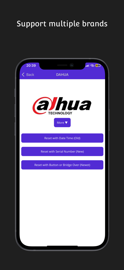 CCTV Super Password - CCTV Super Password app screen showing Dahua DVR password reset options
