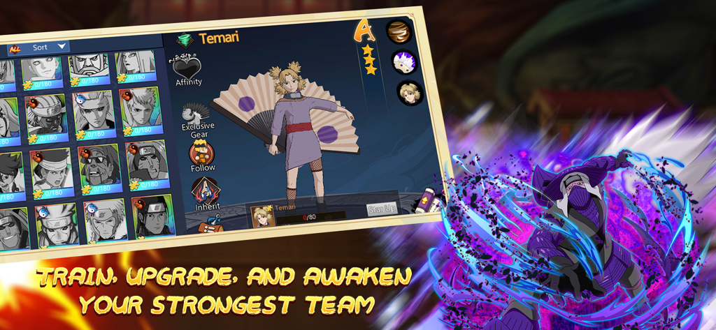 Shinobi Arena: Rise - A character profile screen in Shinobi Arena Rise showing Temari with options to train and upgrade your ninja team.