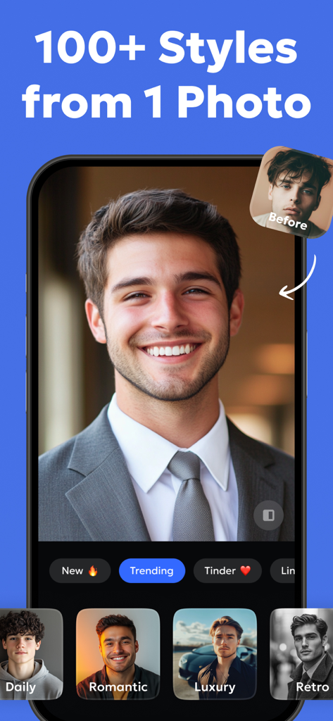 AI Headshot Generator Pro app screen showing a casual photo transformed into a professional suit headshot with various style presets
