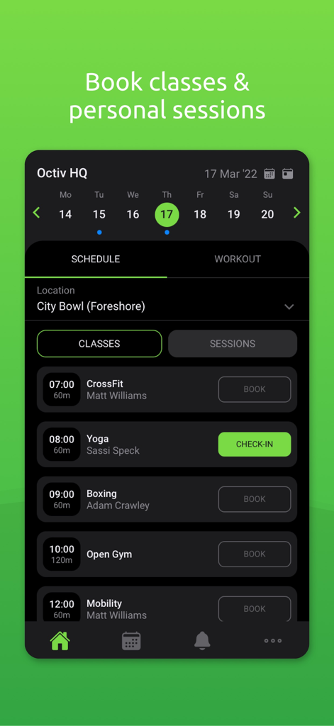 Octiv mobile app interface displaying a weekly schedule for booking fitness classes like CrossFit and Yoga.