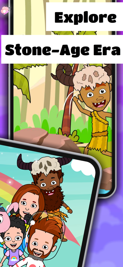 Cartoon caveman and various characters in the Stone Age island of Tizi City Wonder World Games.