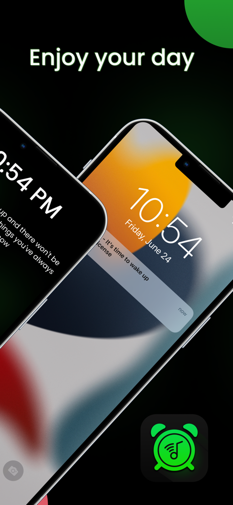 iPhoneのロック画面に、Alarmfyの目覚まし通知とモチベーションを高めるメッセージが表示されています。