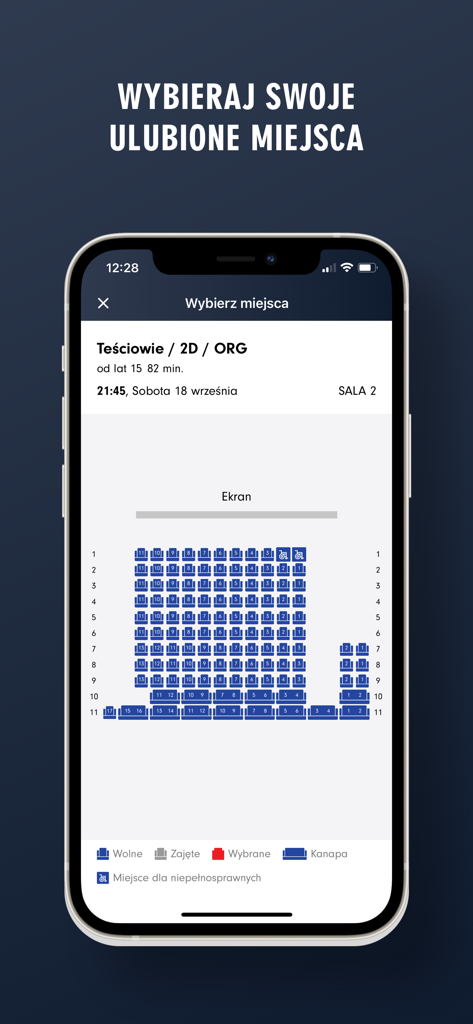 Mobile app interface showing a cinema seating chart for choosing movie theater seats