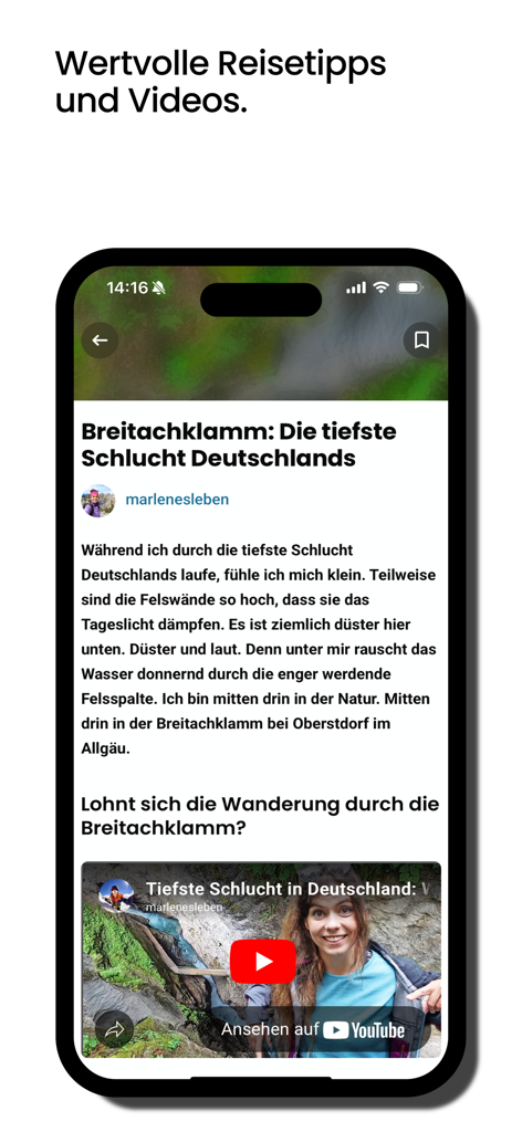 HOME of TRAVELアプリのインターフェース。Breitachklamm渓谷に関する詳細な旅行ブログ記事と、埋め込まれたYouTube動画、旅行のヒントが表示されています。