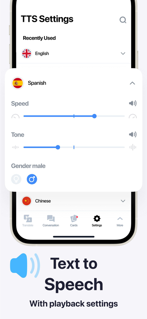 Lingvanex Language Translator - Configurações de reprodução de conversão de texto em fala no app tradutor de idiomas Lingvanex, mostrando ajustes de velocidade e tom