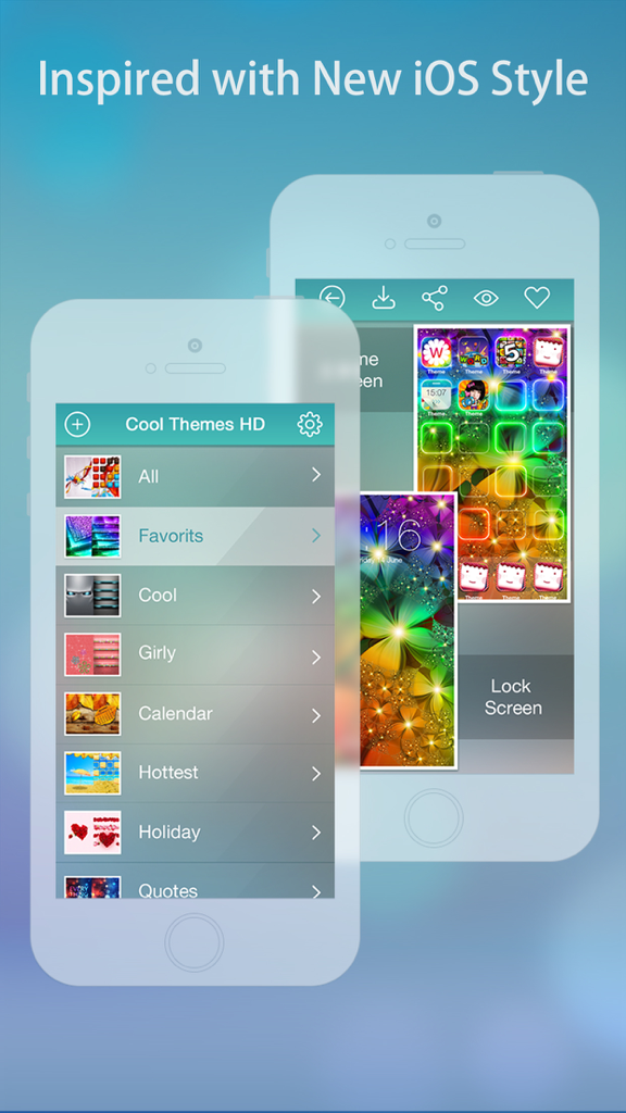 Cool Themes HD for iPhone 6 & 6 Plus - Free - A screenshot showing the category menu and a vibrant floral wallpaper preview in the Cool Themes HD app on iPhone.