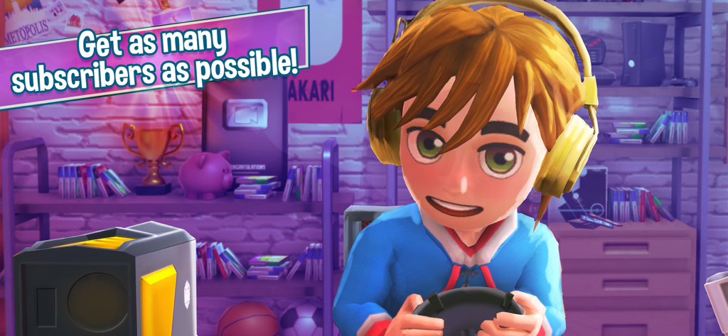 Youtubers Life: Gaming Channel - Cartoon character with yellow headphones playing a video game to gain subscribers in a bedroom studio.