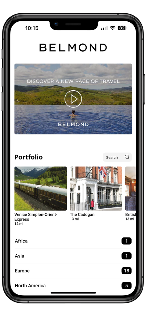 Belmond - ベルモンドアプリのインターフェース。ホテルや列車などの高級旅行ポートフォリオを表示。