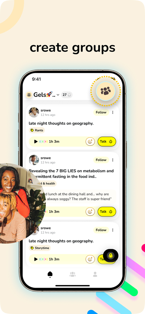 Hear Me Out - Social Audio - Hear Me Out app interface showing a feed of voice stories and a highlighted button to create groups.
