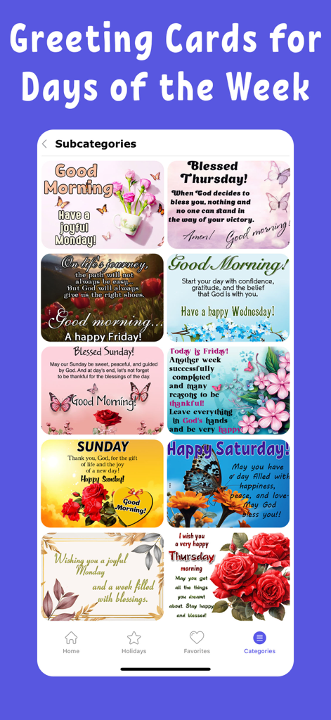 Love message & Birthday wishes - A mobile app interface displaying a grid of colorful greeting cards for each day of the week with inspirational messages and floral designs.