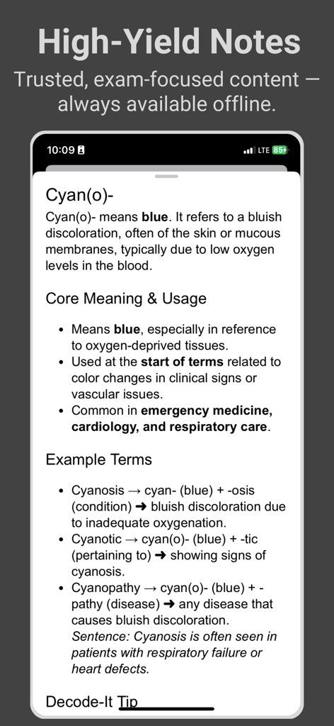 A study screen from the Medical Findings app displaying detailed high yield notes and example terms for the prefix cyan meaning blue