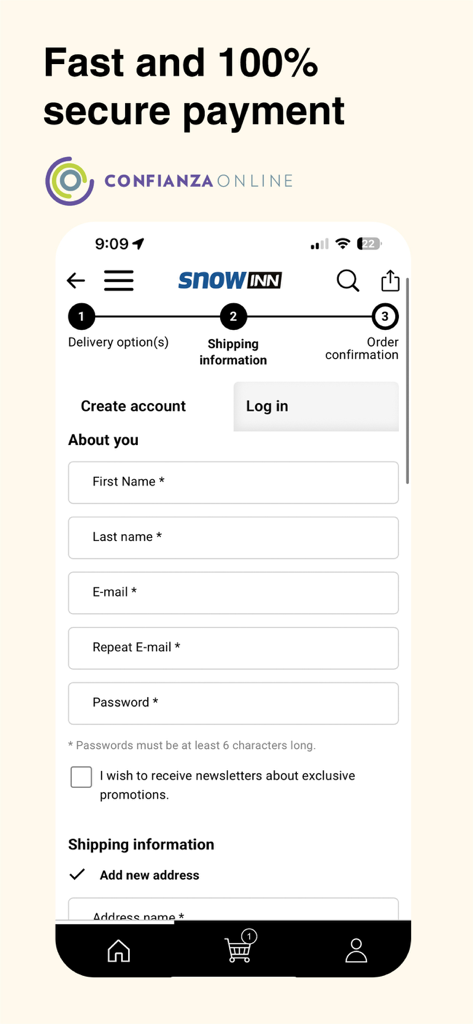 Tradeinn - L'écran de paiement de l'application Tradeinn affiche les informations d'inscription du compte et d'expédition, avec une garantie de paiement sécurisé.