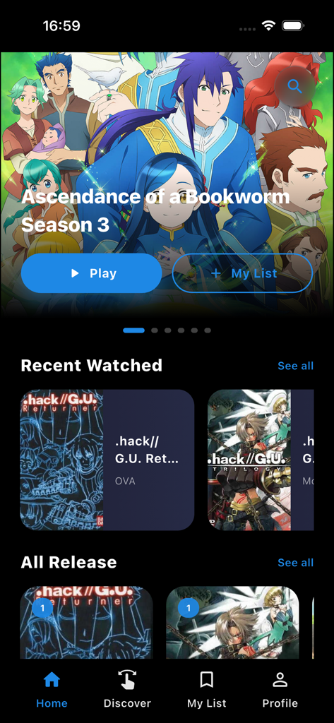Tela inicial do aplicativo Play Animes TV apresentando a 3ª temporada de Ascendance of a Bookworm.