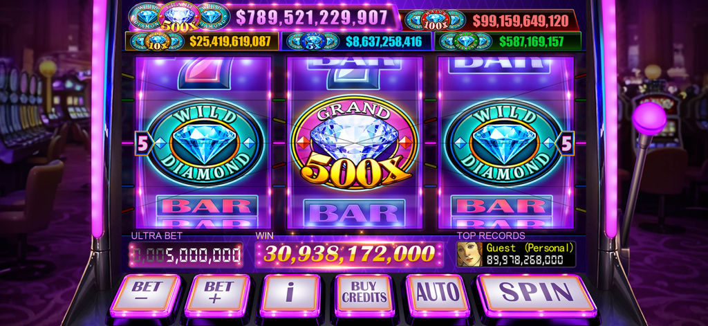 Gameplay screenshot of a three reel classic slot machine featuring a wild diamond jackpot win