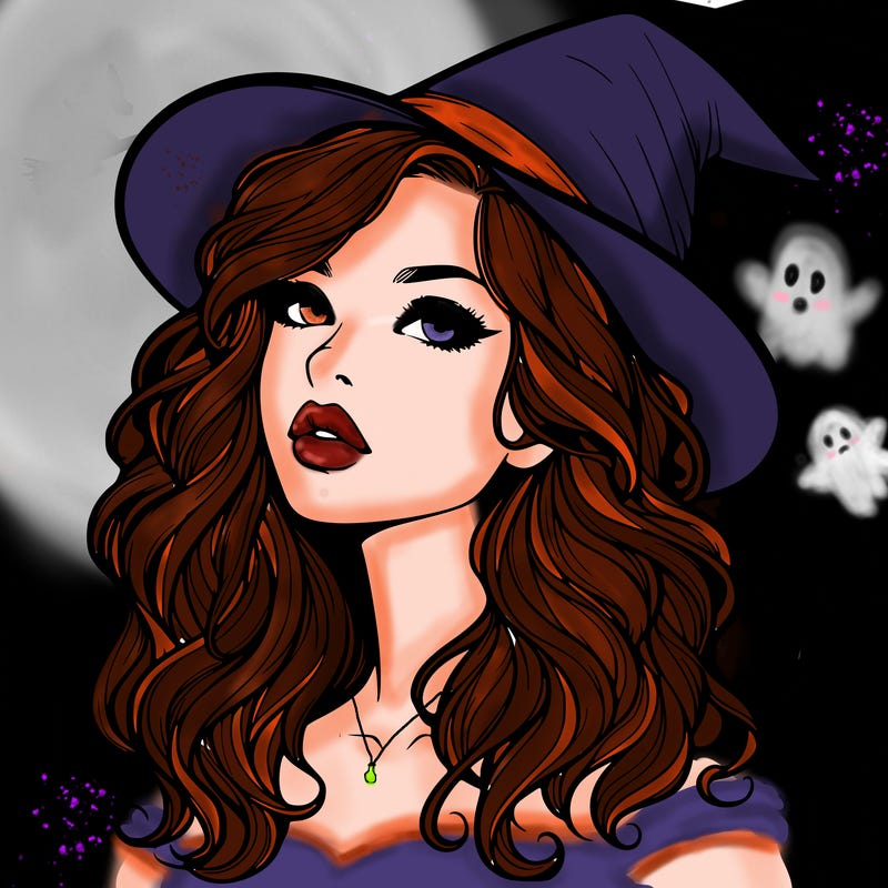 realistic witch girl with wavy hair and lips