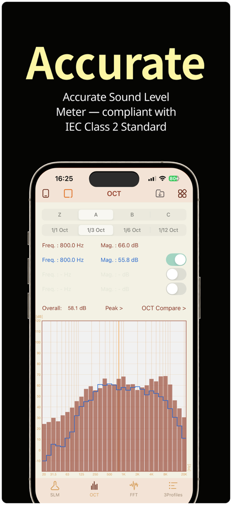 NoiseLab: Noise Meter,SLM,dB - Interface do aplicativo NoiseLab mostrando análise profissional de oitava e dados precisos de medição de nível de som