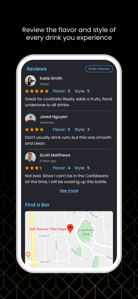 The Bar Book - Interface of The Bar Book app showing drink reviews with flavor and style ratings and a local bar finder map