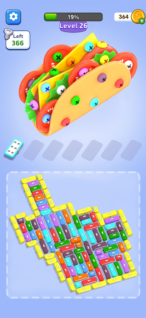 Screw Escape 3D - Car Out Jam - Gameplay screenshot of Screw Escape 3D showing a 3D taco disassembly puzzle with colorful screws and a grid of movement blocks.