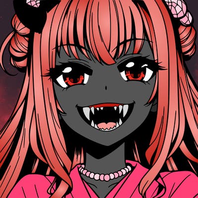 anime girl, vampire teeth,demon slayer themed, evil smile